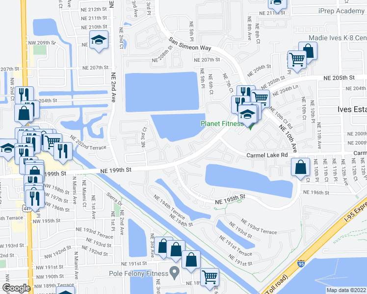 map of restaurants, bars, coffee shops, grocery stores, and more near 491 Ives Dairy Road in North Miami Beach