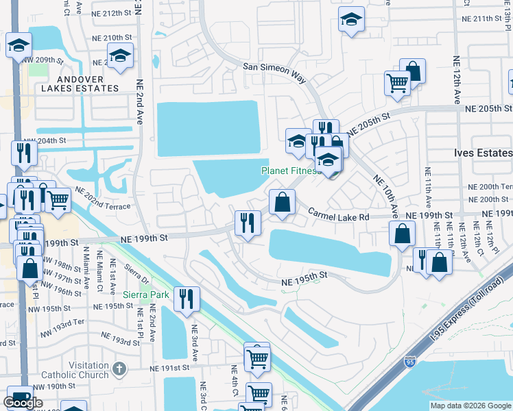 map of restaurants, bars, coffee shops, grocery stores, and more near 491 Ives Dairy Road in North Miami Beach