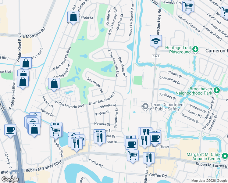 map of restaurants, bars, coffee shops, grocery stores, and more near 999 Habana Street in Brownsville