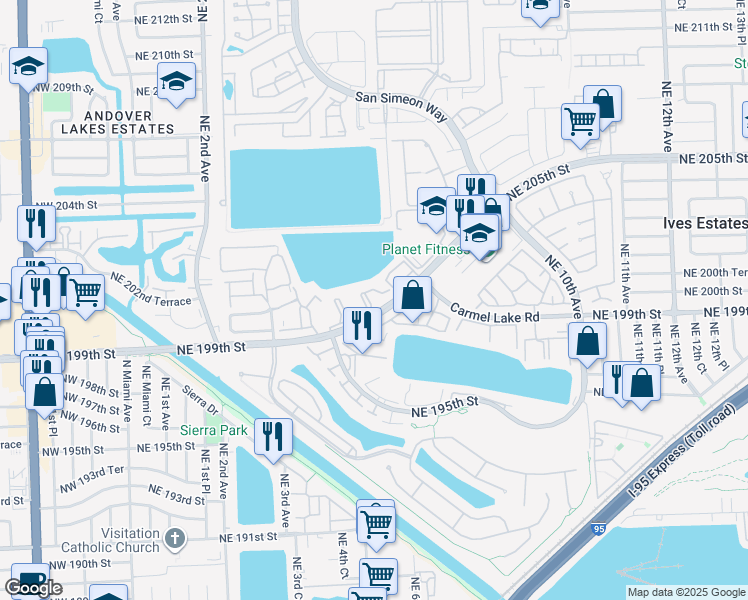 map of restaurants, bars, coffee shops, grocery stores, and more near 491 Ives Dairy Road in North Miami Beach
