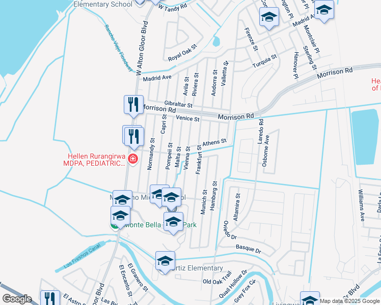 map of restaurants, bars, coffee shops, grocery stores, and more near 2721 Vienna Street in Brownsville