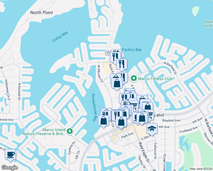 map of restaurants, bars, coffee shops, grocery stores, and more near 835 West Elkcam Circle in Marco Island