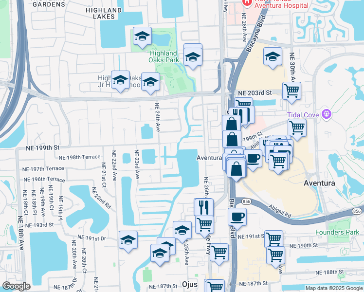 map of restaurants, bars, coffee shops, grocery stores, and more near 2520 Northeast 199th Street in Miami