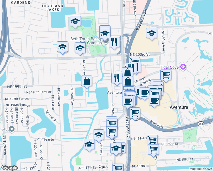 map of restaurants, bars, coffee shops, grocery stores, and more near 19825 West Dixie Highway in Miami