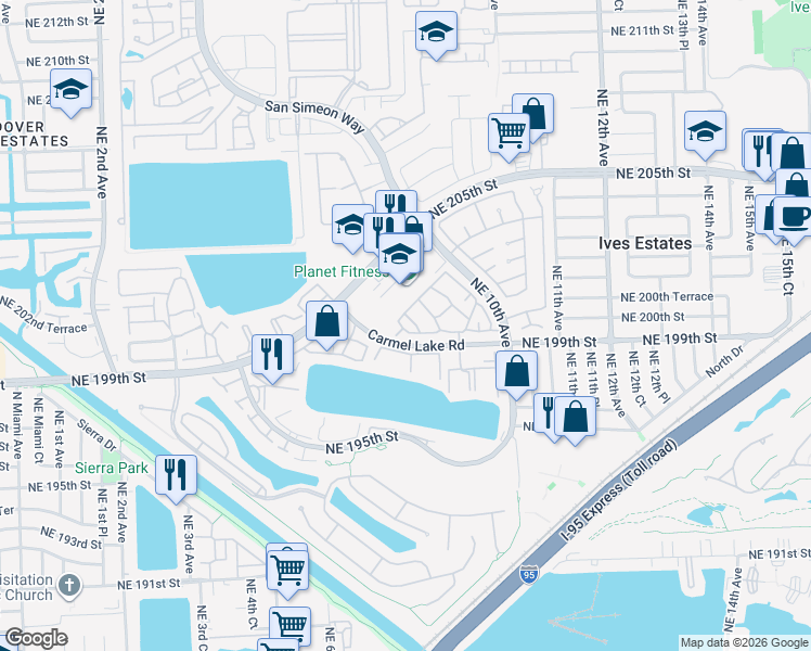 map of restaurants, bars, coffee shops, grocery stores, and more near 801 Northeast 199th Street in North Miami Beach