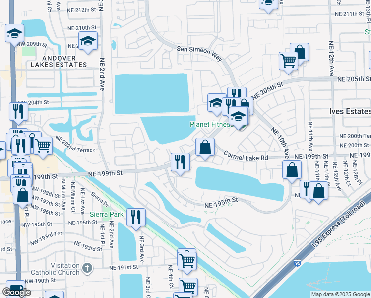 map of restaurants, bars, coffee shops, grocery stores, and more near 491 Ives Dairy Road in North Miami Beach