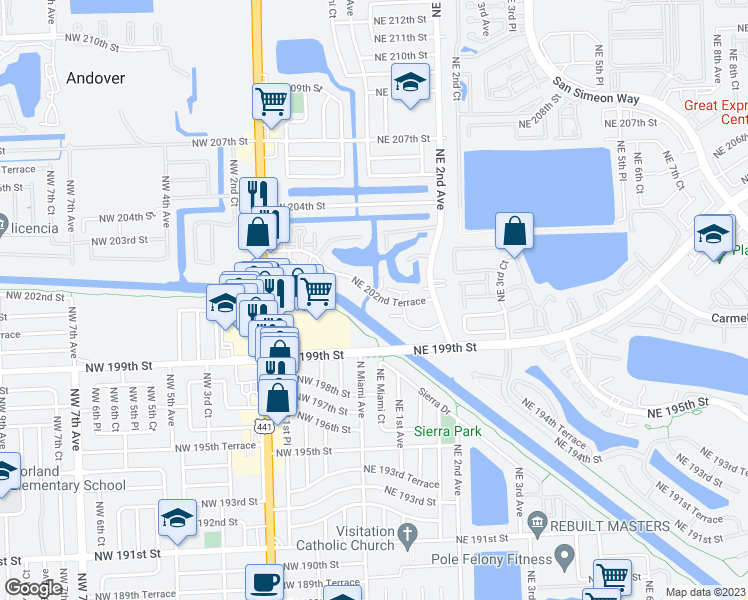 map of restaurants, bars, coffee shops, grocery stores, and more near 75 Northeast 202nd Terrace in Miami