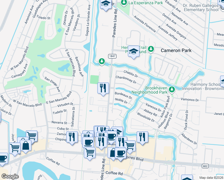 map of restaurants, bars, coffee shops, grocery stores, and more near Paredes Line Road in Brownsville