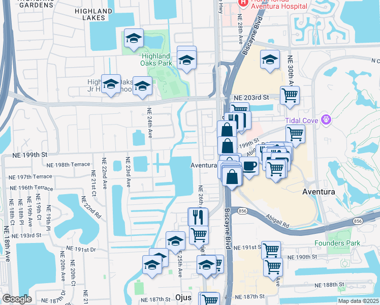 map of restaurants, bars, coffee shops, grocery stores, and more near 19825 West Dixie Highway in Miami