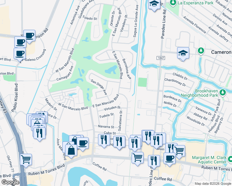 map of restaurants, bars, coffee shops, grocery stores, and more near 14 Sagua Court in Brownsville