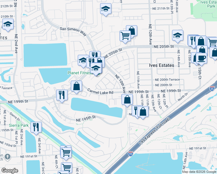 map of restaurants, bars, coffee shops, grocery stores, and more near 29 Carmel Lake Road in Miami
