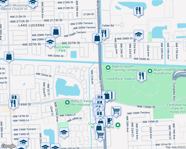 map of restaurants, bars, coffee shops, grocery stores, and more near 2872 Northwest 204th Street in Miami Gardens