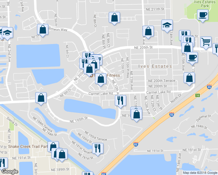 map of restaurants, bars, coffee shops, grocery stores, and more near 29 Carmel Lake Road in Miami