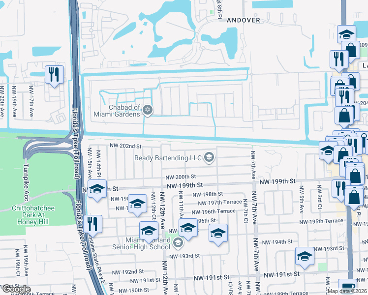 map of restaurants, bars, coffee shops, grocery stores, and more near 1000 Northwest 202nd Street in Miami