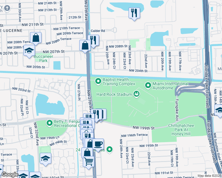 map of restaurants, bars, coffee shops, grocery stores, and more near in Miami Gardens