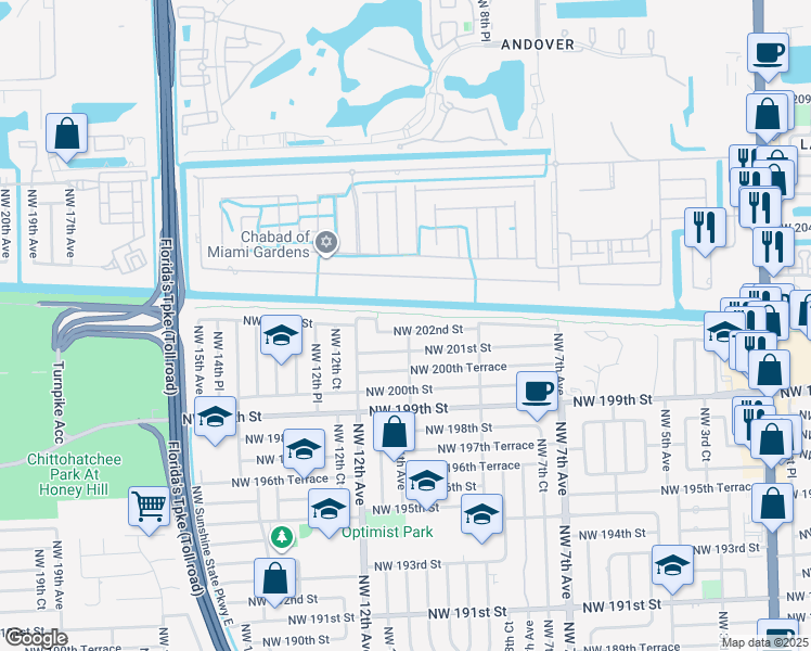 map of restaurants, bars, coffee shops, grocery stores, and more near 1000 Northwest 202nd Street in Miami
