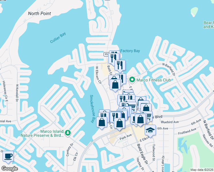 map of restaurants, bars, coffee shops, grocery stores, and more near 835 West Elkcam Circle in Marco Island