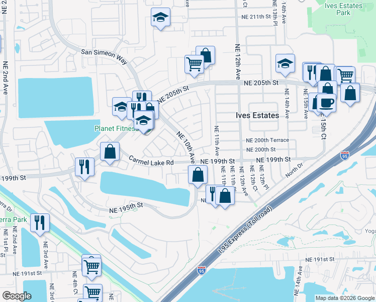 map of restaurants, bars, coffee shops, grocery stores, and more near 925 Northeast 199th Street in North Miami Beach