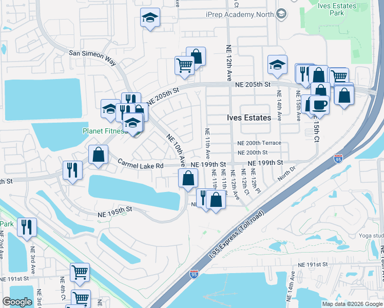map of restaurants, bars, coffee shops, grocery stores, and more near 19945 Northeast 10th Place in Miami