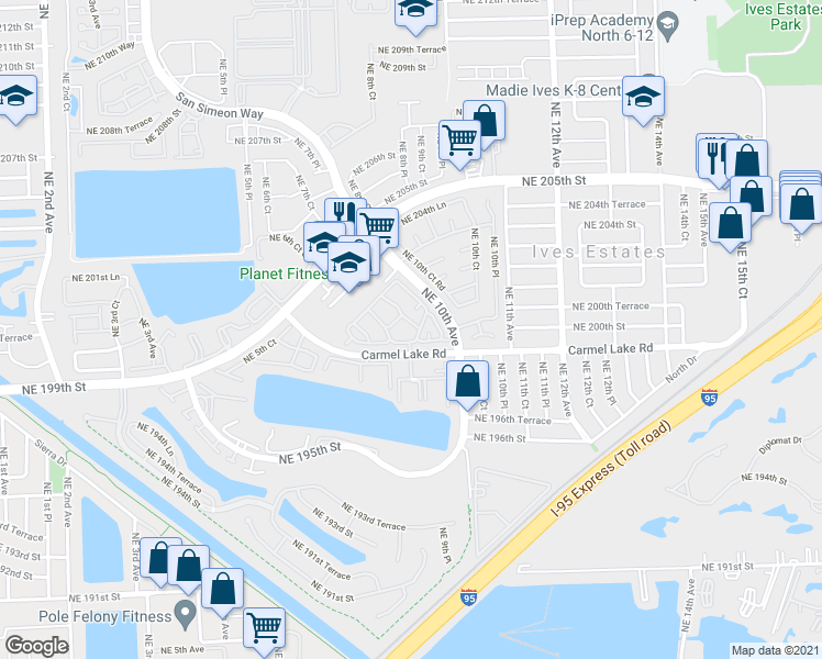 map of restaurants, bars, coffee shops, grocery stores, and more near 29 Carmel Lake Road in Miami