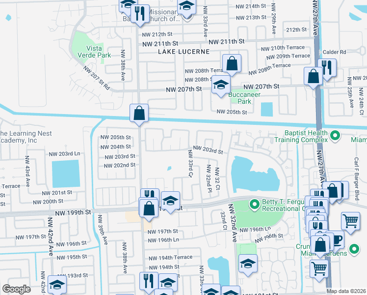 map of restaurants, bars, coffee shops, grocery stores, and more near 3400 Northwest 203rd Street in Miami Gardens