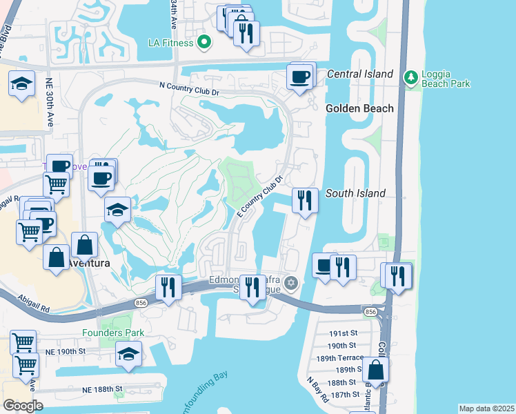 map of restaurants, bars, coffee shops, grocery stores, and more near 19777 East Country Club Drive in Miami