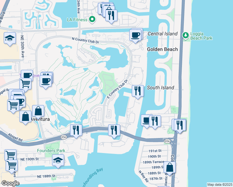 map of restaurants, bars, coffee shops, grocery stores, and more near 19777 East Country Club Drive in Miami