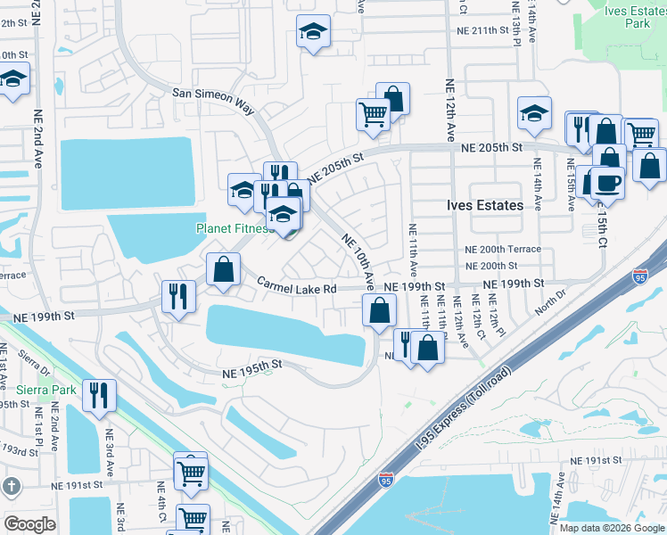 map of restaurants, bars, coffee shops, grocery stores, and more near 29 Carmel Lake Road in Miami