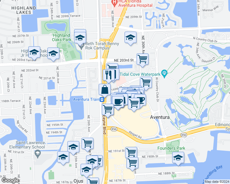 map of restaurants, bars, coffee shops, grocery stores, and more near 2750 Northeast 199th Street in Aventura