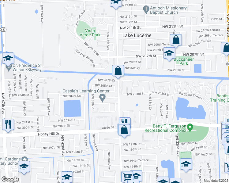 map of restaurants, bars, coffee shops, grocery stores, and more near 2310 Northwest 204th Street in Opa-locka