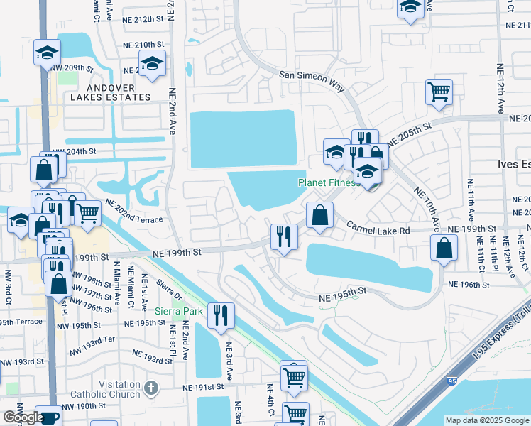 map of restaurants, bars, coffee shops, grocery stores, and more near 451 Northeast 199th Street in Miami