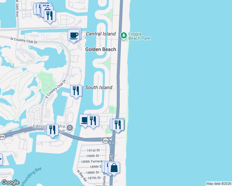 map of restaurants, bars, coffee shops, grocery stores, and more near 165 Ocean Boulevard in Golden Beach