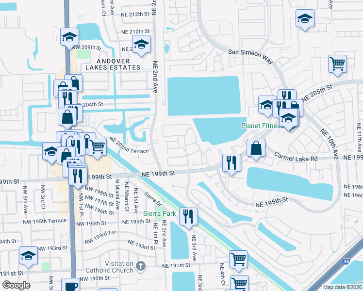 map of restaurants, bars, coffee shops, grocery stores, and more near 20105 Northeast 2nd Court in Miami