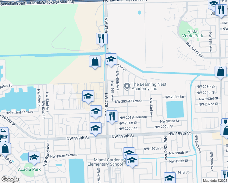 map of restaurants, bars, coffee shops, grocery stores, and more near 20460 Northwest 45th Avenue in Miami Gardens