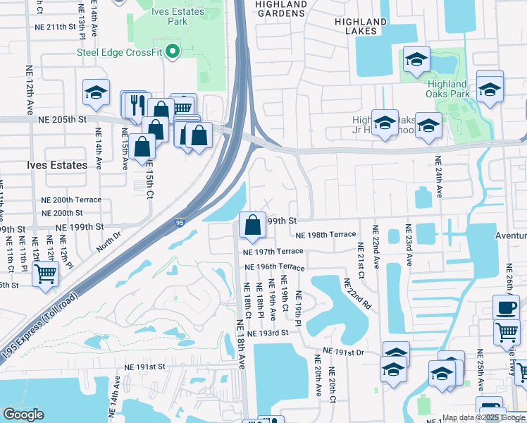 map of restaurants, bars, coffee shops, grocery stores, and more near 1905 South Oak Haven Circle in North Miami Beach