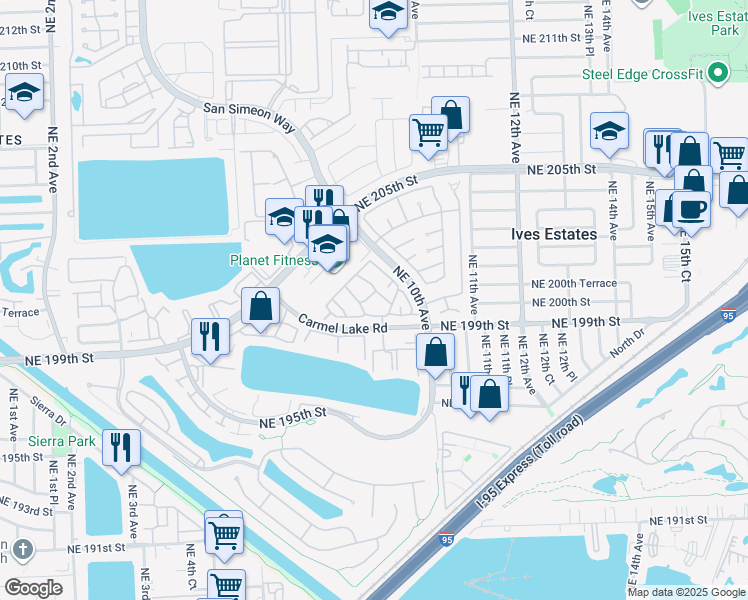 map of restaurants, bars, coffee shops, grocery stores, and more near 917 Northeast 199th Street in North Miami Beach