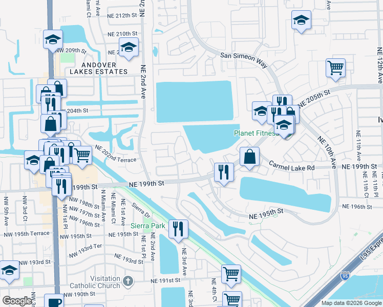 map of restaurants, bars, coffee shops, grocery stores, and more near 20095 Northeast 3rd Court in Miami