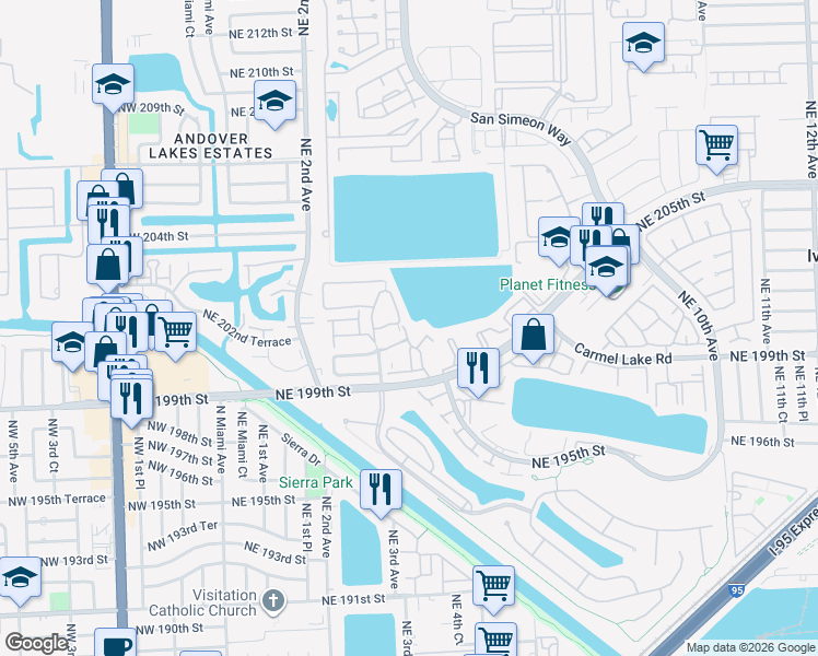 map of restaurants, bars, coffee shops, grocery stores, and more near 20095 Northeast 3rd Court in Miami