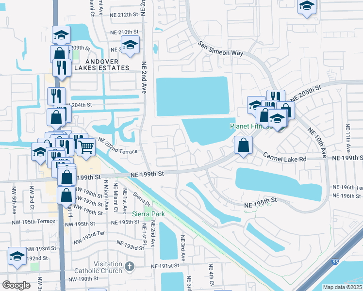 map of restaurants, bars, coffee shops, grocery stores, and more near 20095 Northeast 3rd Court in Miami