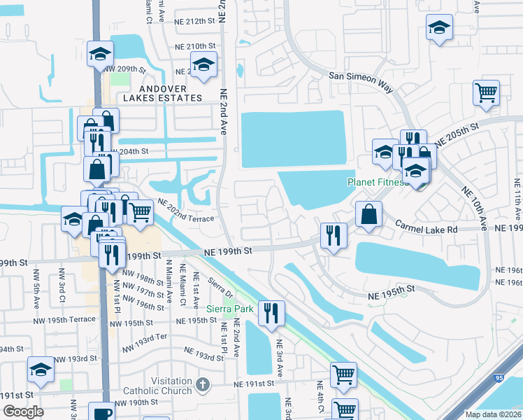 map of restaurants, bars, coffee shops, grocery stores, and more near 20105 Northeast 2nd Court in Miami