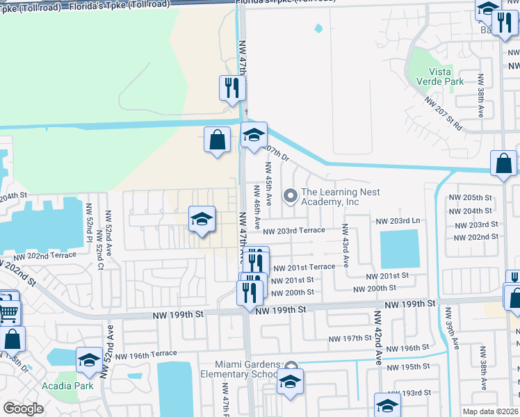 map of restaurants, bars, coffee shops, grocery stores, and more near 20460 Northwest 45th Avenue in Miami Gardens