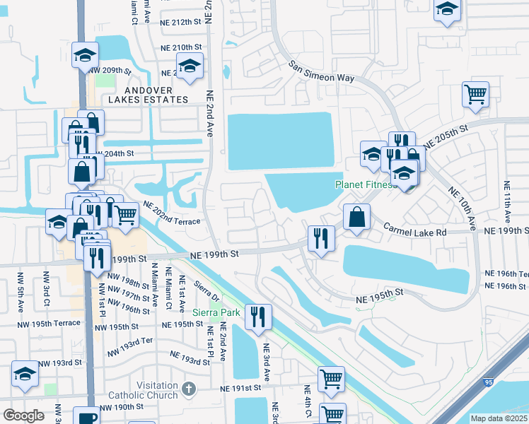 map of restaurants, bars, coffee shops, grocery stores, and more near 20095 Northeast 3rd Court in Miami