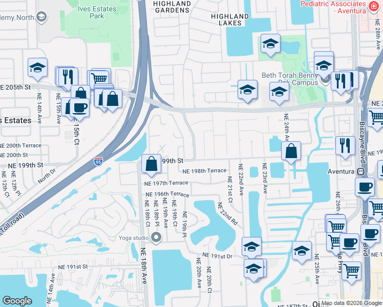 map of restaurants, bars, coffee shops, grocery stores, and more near 20010 Highland Lakes Boulevard in North Miami Beach