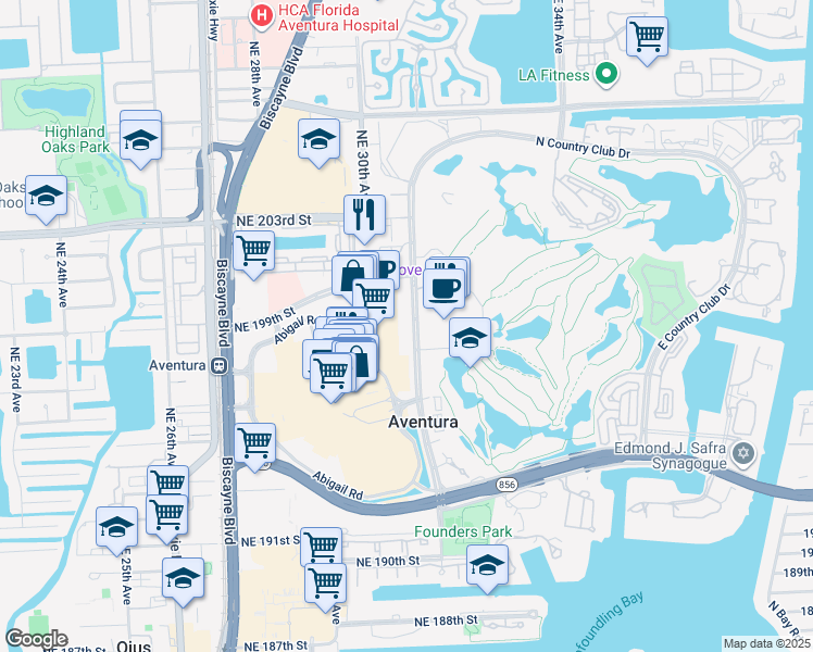 map of restaurants, bars, coffee shops, grocery stores, and more near 19900 West Country Club Drive in Aventura