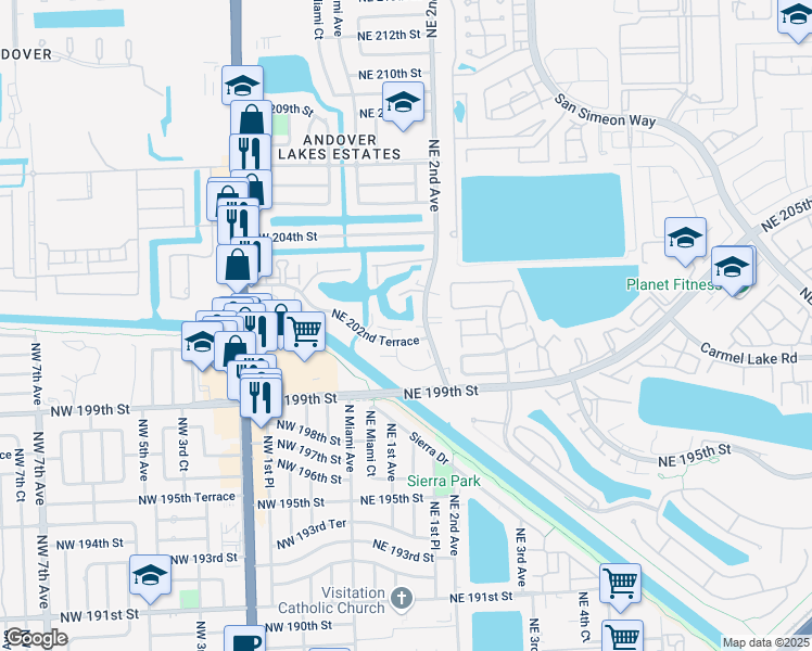 map of restaurants, bars, coffee shops, grocery stores, and more near 20310 Northeast 2nd Avenue in Miami Gardens