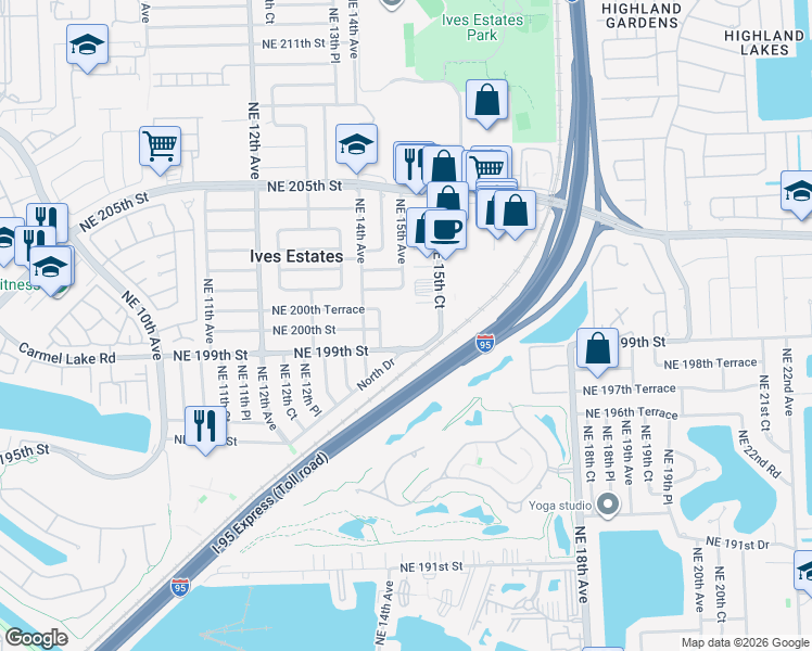 map of restaurants, bars, coffee shops, grocery stores, and more near 20064a Northeast 15th Court in Miami