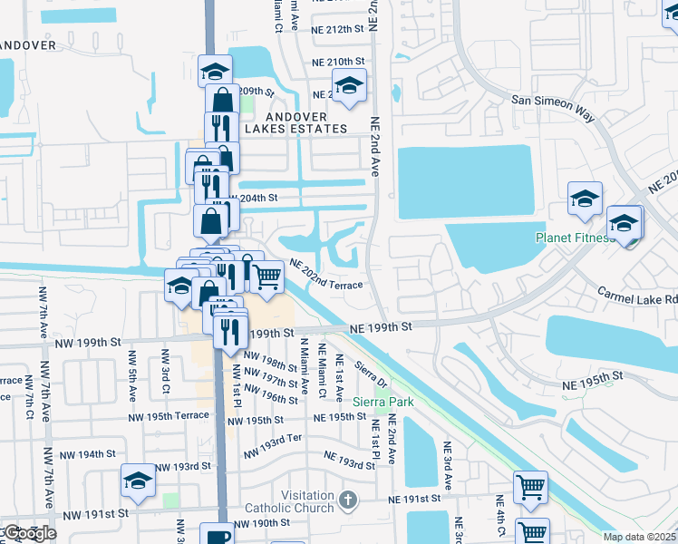map of restaurants, bars, coffee shops, grocery stores, and more near 75 Northeast 202nd Terrace in Miami