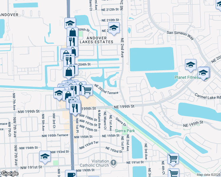 map of restaurants, bars, coffee shops, grocery stores, and more near 135 Northeast 202nd Terrace in Miami