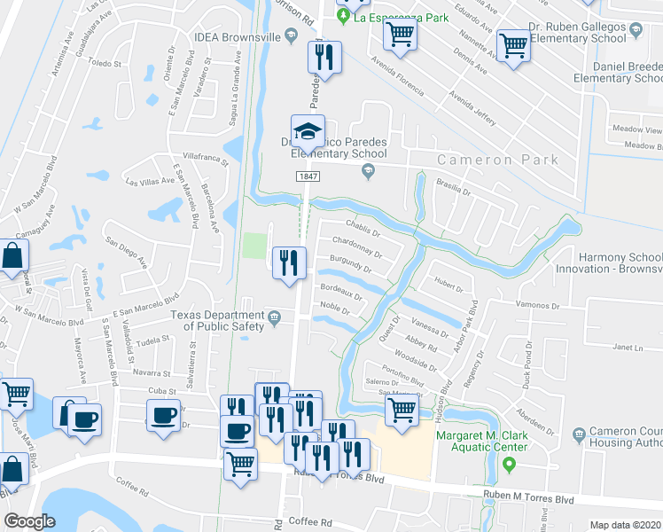 map of restaurants, bars, coffee shops, grocery stores, and more near 3334 Burgundy Drive in Brownsville