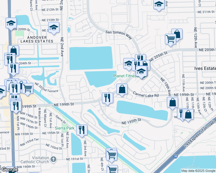 map of restaurants, bars, coffee shops, grocery stores, and more near 20020 Northeast 6th Court Circle in Miami